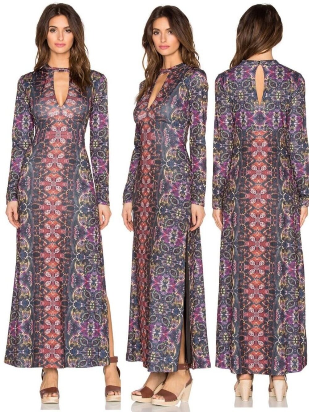 NWT FREE PEOPLE Cabaret Long Sleeve Maxi Dress Size XS Sunrise Combo